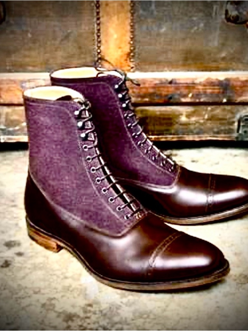 Bykowski Tailor and Garb Men's  Leather & Fabric Boots in Dark Brown and Plum
